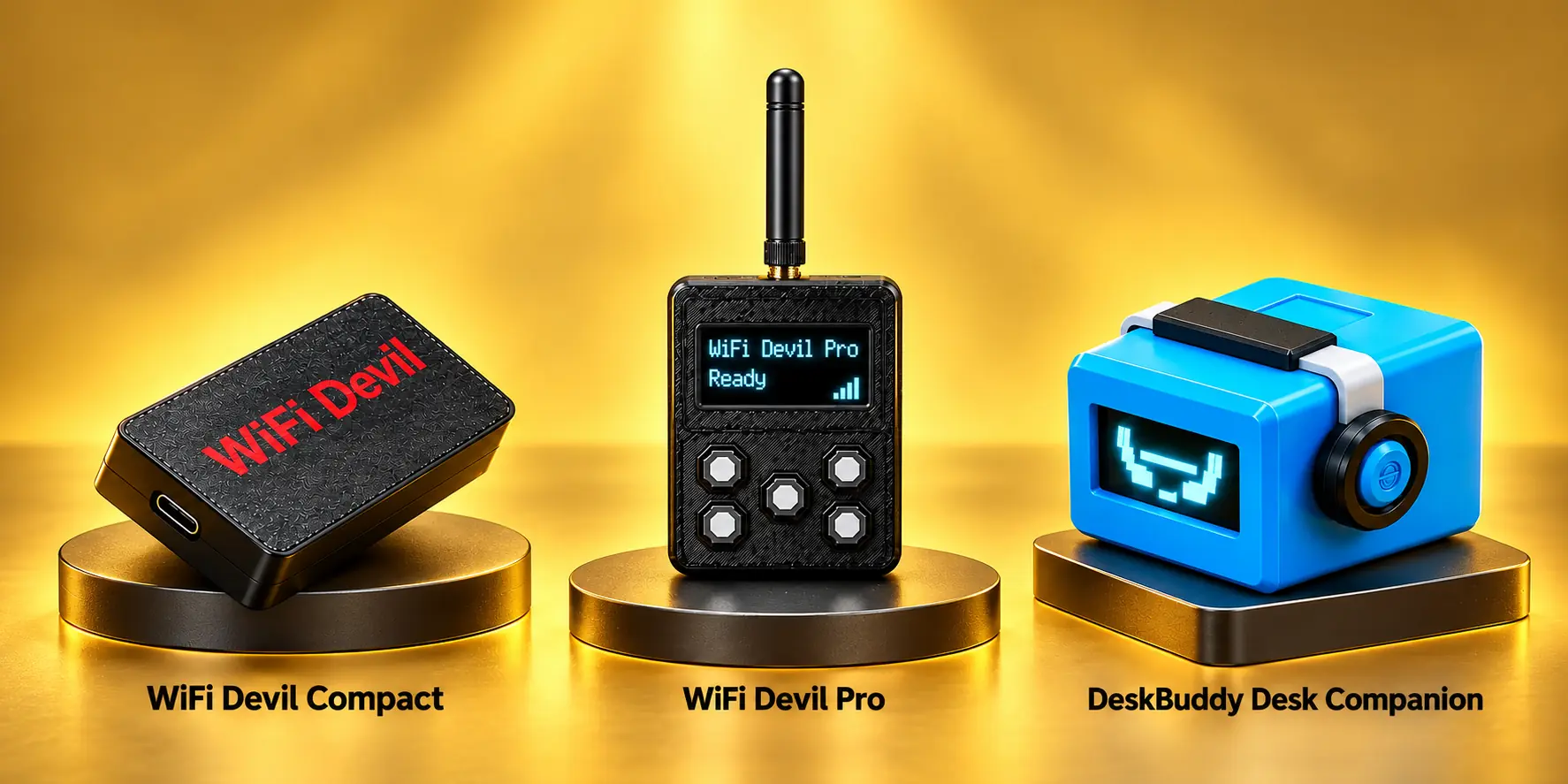 WiFi Devil Compact, WiFi Devil Pro with a straight antenna, and blue DeskBuddy Desk Companion on gold studio display bases
